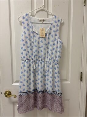 Pink Rose White Dress with Blue Palm Print and Patterned Hem NWT